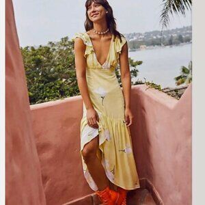 Free People She's A Waterfall Floral Ruffle Asymetric Hem Maxi Dress Yellow Sz 2